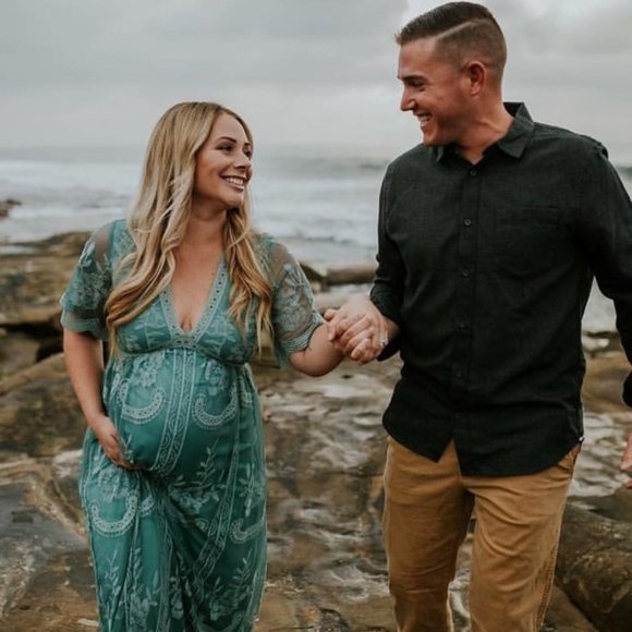 Pinkblush Dresses & Skirts - PinkBlush Lace Overlay Sage Maternity Maxi Dress Size M